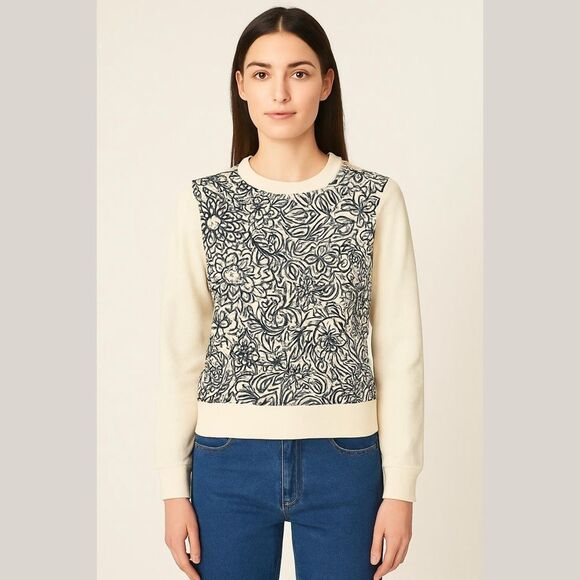 Tory Burch Embroidered Scribble Doodle Graphic Floral Sweater- Size Small - Picture 1 of 10